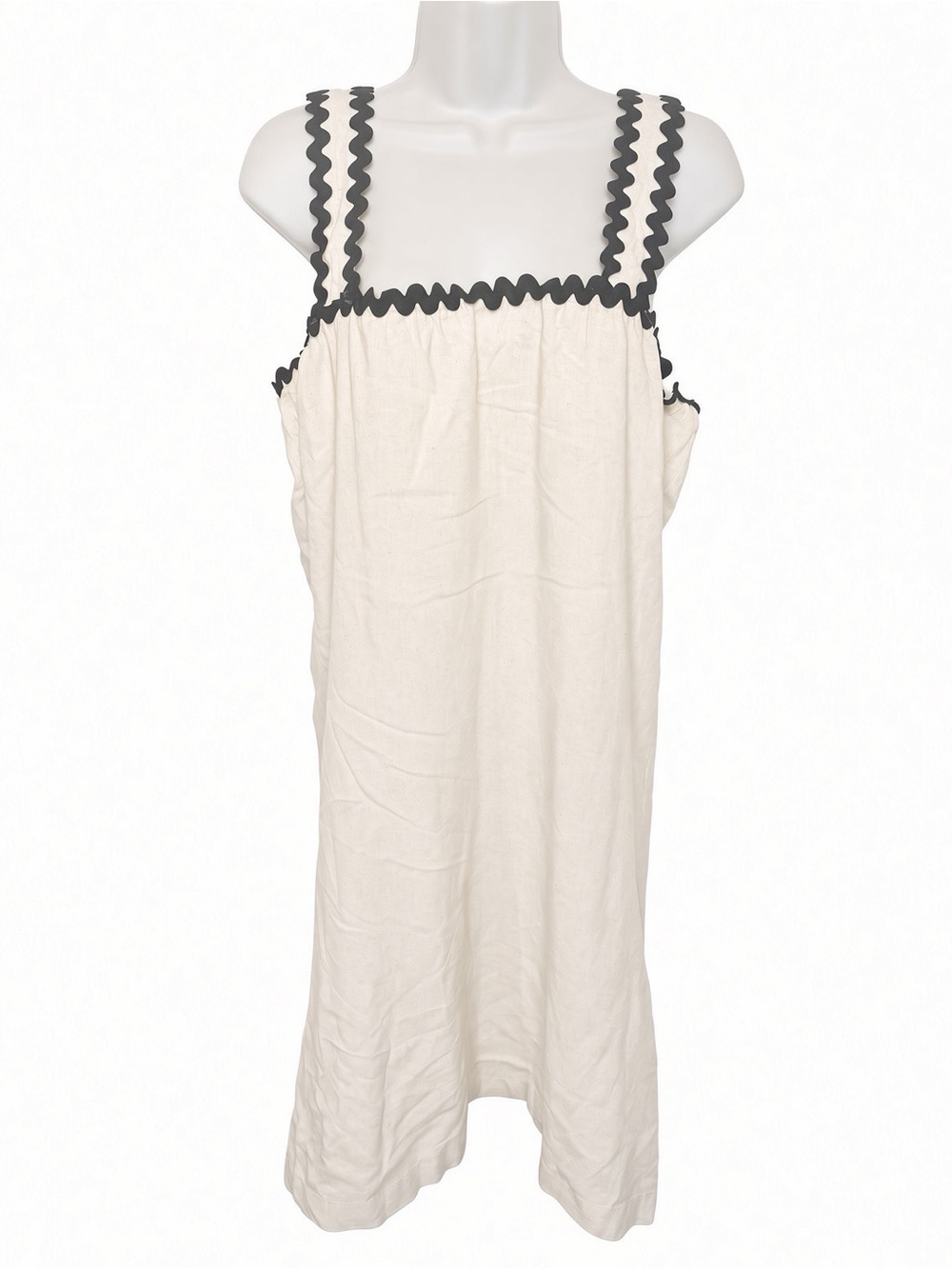 4our Dreamers Size L Cream Linen Blend Dress Black Rickrack Trim Square Neck NWT
